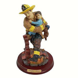 Herco Firefighter Figurine Fireman Carrying Little Boy Child Teddy Bear 9" Vtg